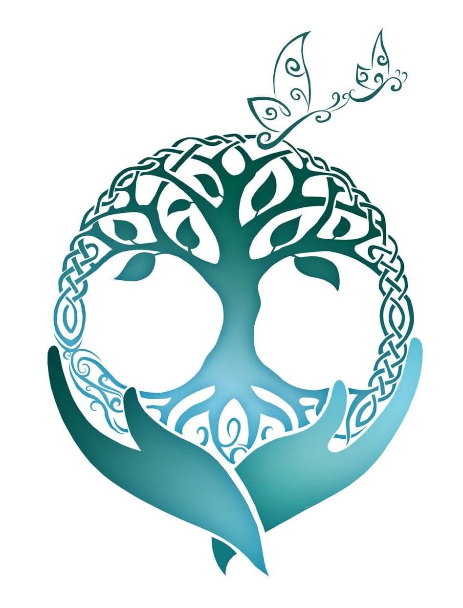 Le logo de Nature, Eveil et Sens — l'arbre de vie et ses papillons